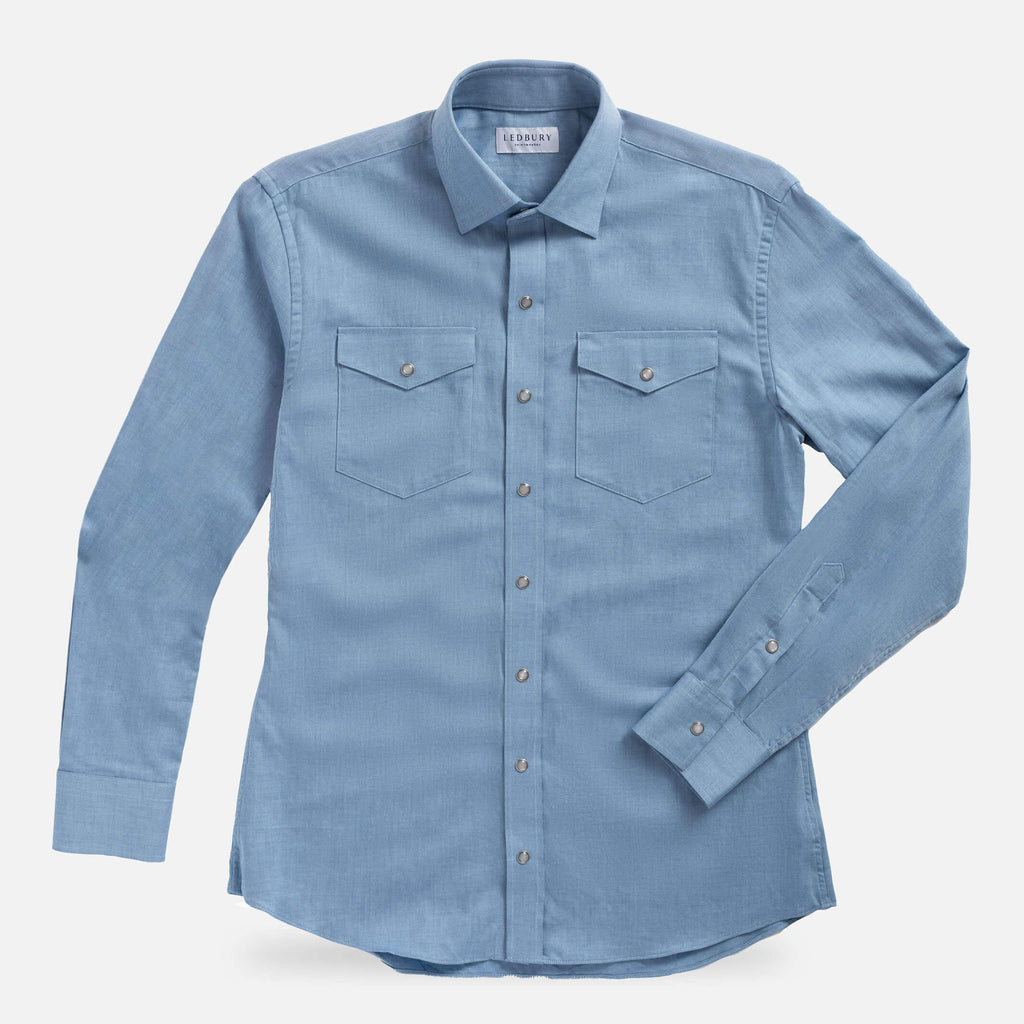 The Bay Blue Malone Washed Twill with Pearl Snaps Custom Shirt Custom Casual Shirt- Ledbury