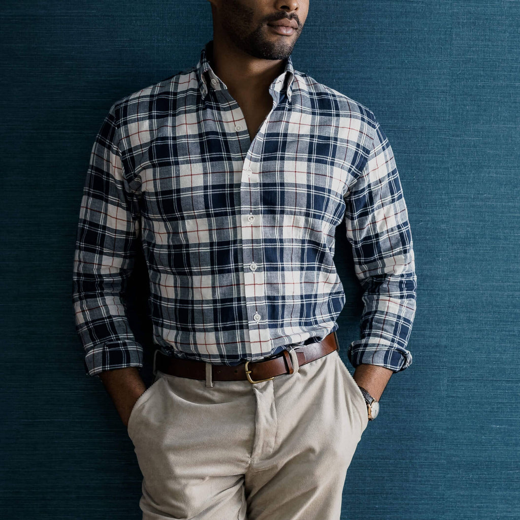 The Navy Brooks Brushed Herringbone Custom Shirt Custom Casual Shirt- Ledbury