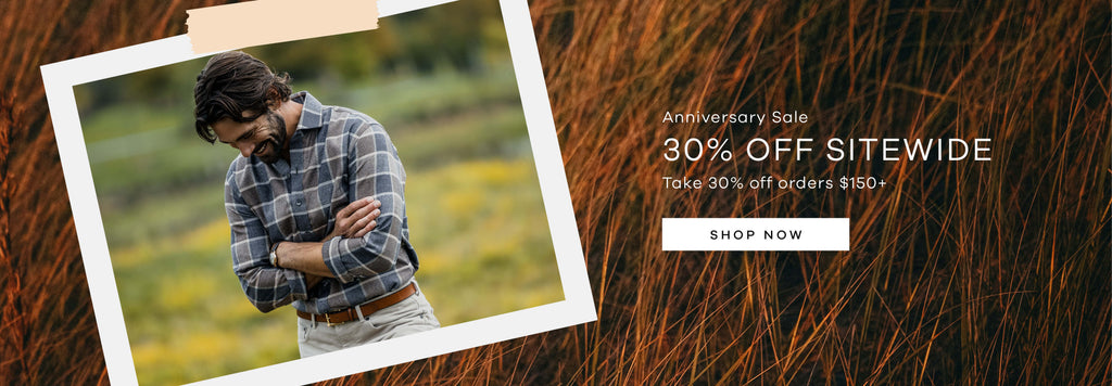 Male Model wearing a men's button down flannel. Text reads Ledbury Anniversary Sale, save 30% off orders of $150+