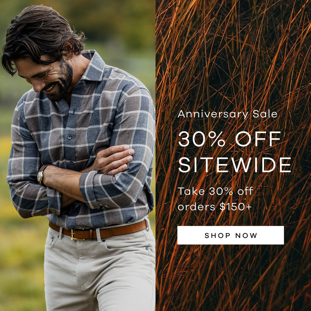 Male Model wearing a men's button down flannel. Text reads Ledbury Anniversary Sale, save 30% off orders of $150+