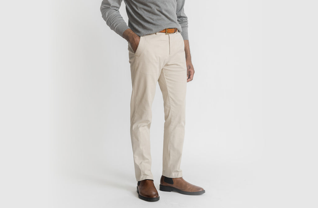 Ledbury Richmond Chinos in Tan on male model 