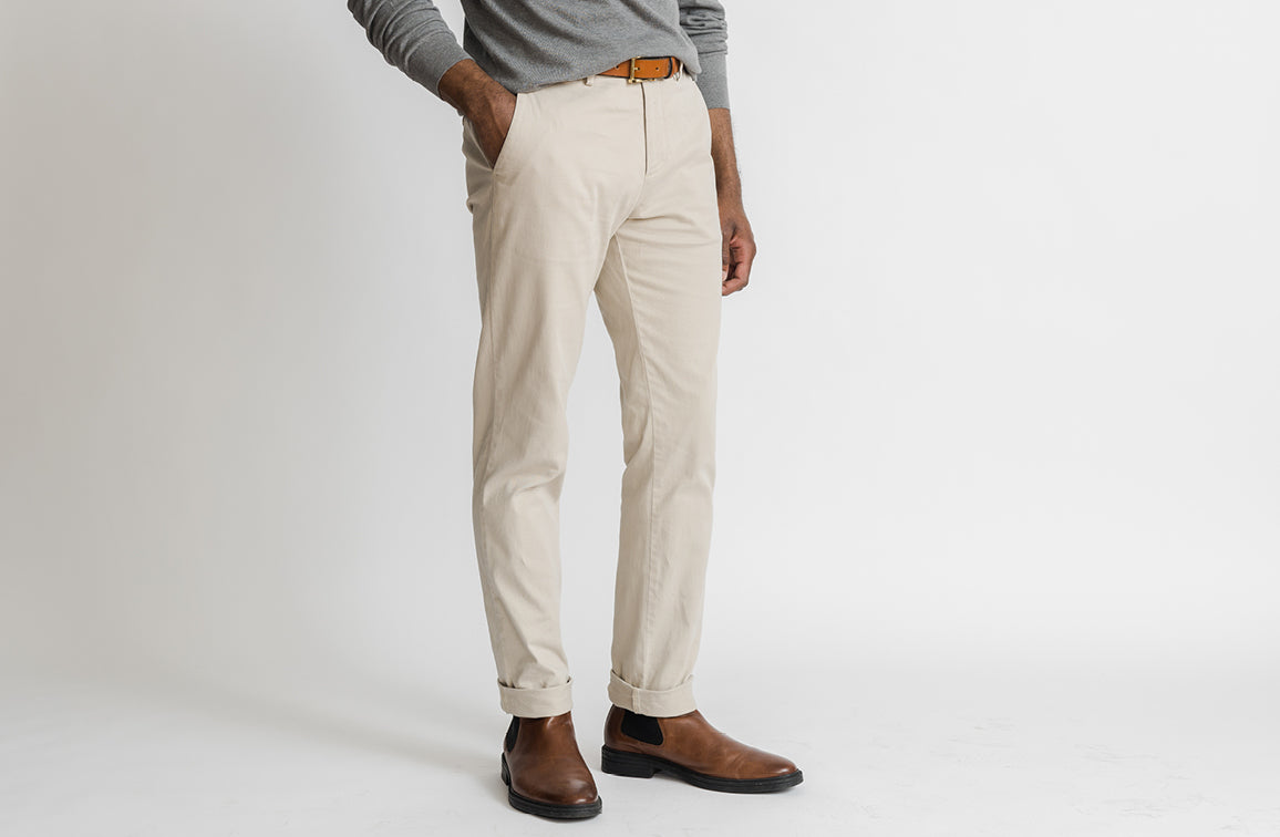 Image of a man wearing a pair of Ledbury custom tan chinos