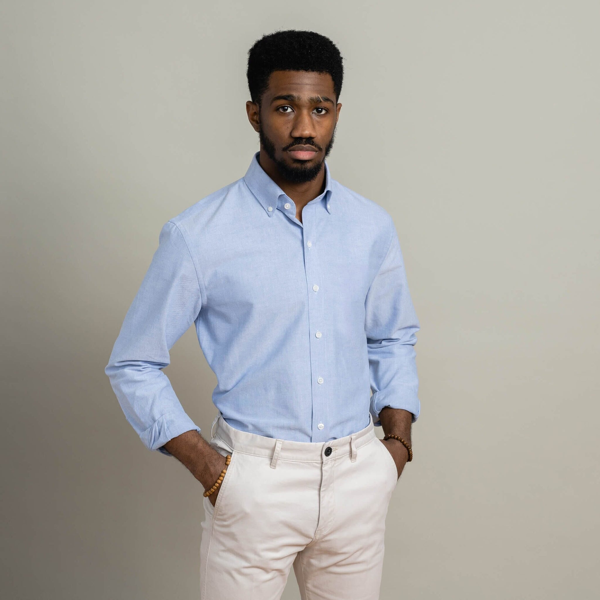 Light blue shirt with tan pants outlet
